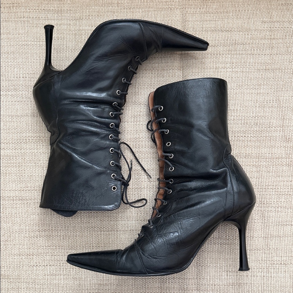 Gia Moretti leather pointed toe stiletto heel grommeted lace-up Boots Italian - Picture 5 of 17